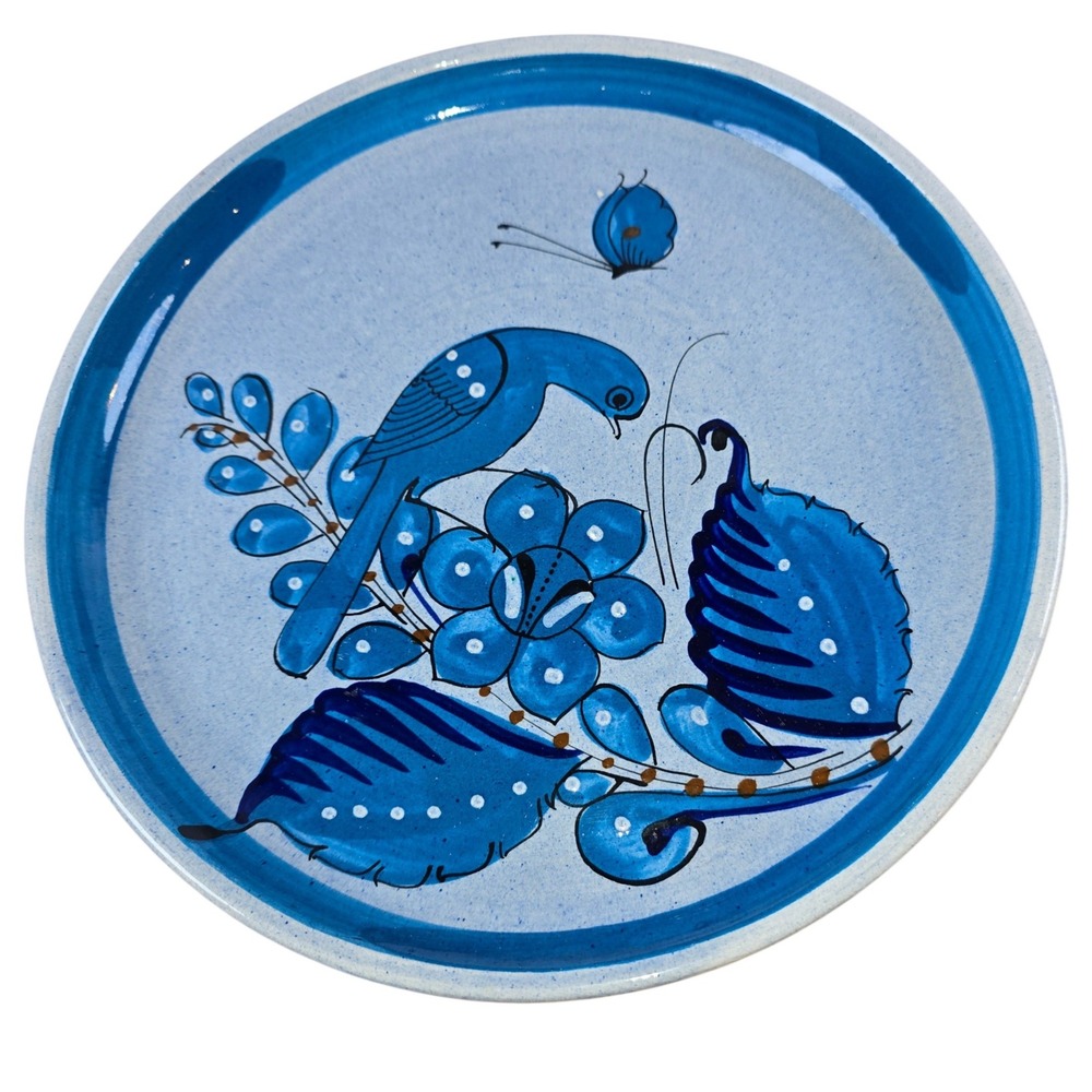 Tonala Large 10" Ceramic Plate Blue‎ Bird Flowers Hand-Painted Mexico VTG Dish